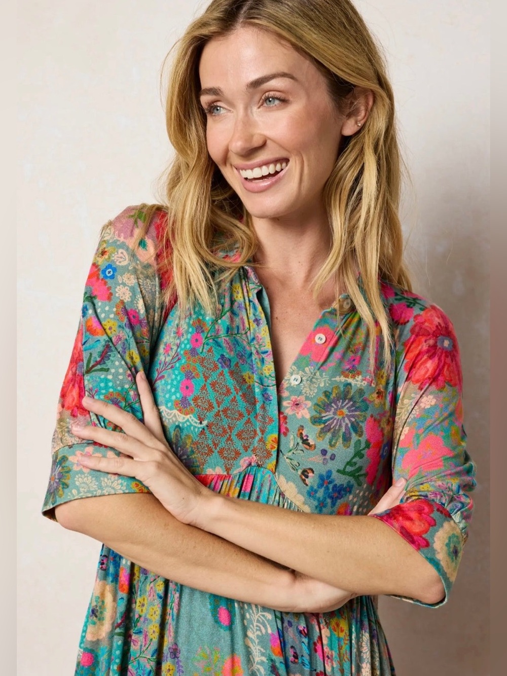 NATURAL LIFE Teal Floral Button-Front Tunic with Pink Accents XL
